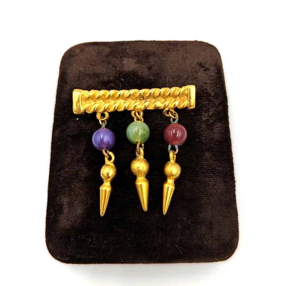 Vintage Gold Tone Unsigned Bar Brooch with Dangles Semiprecious Gemstones Beads - Picture 1 of 9